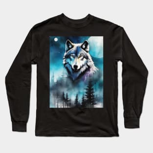 Timber Wolf in Watercolor and Charcoal Long Sleeve T-Shirt